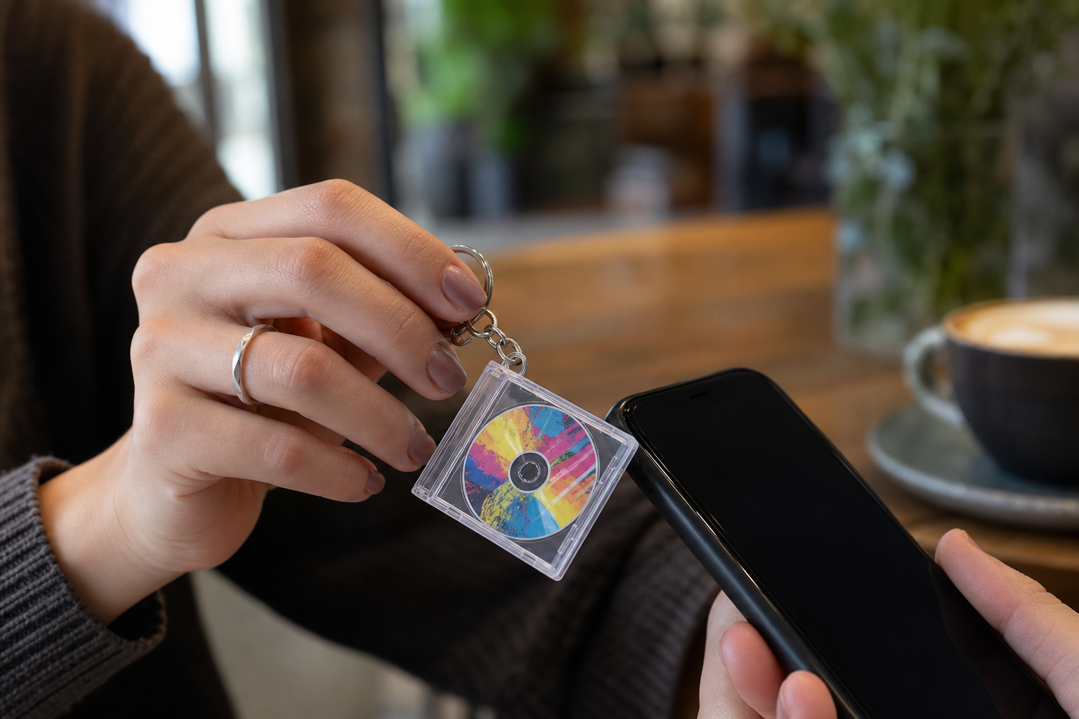 Hand holding a mini CD keyring near a smartphone